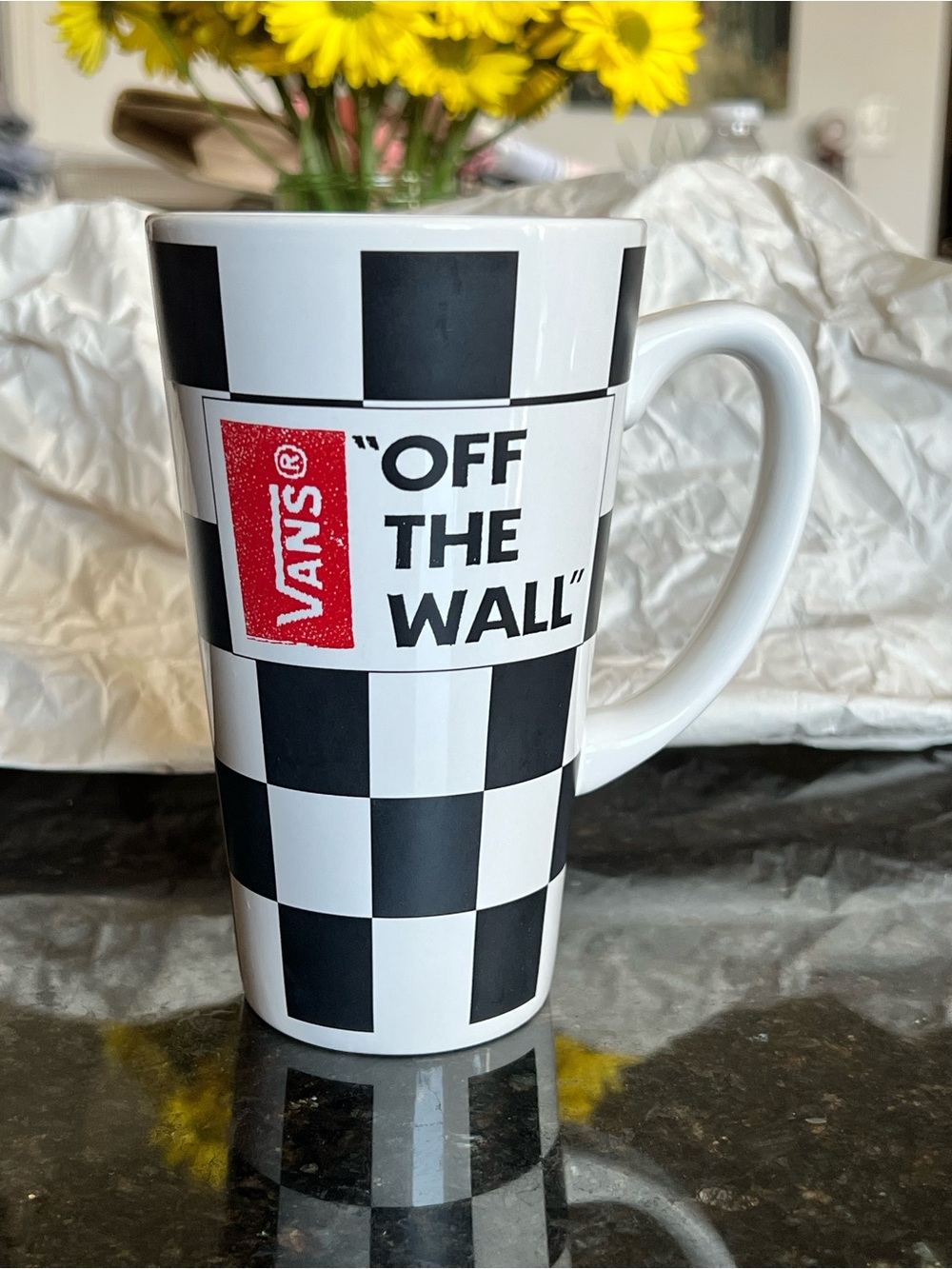 Vans Black & White Checkerboard 'Off The Wall' Ceramic Mug with Red Logo